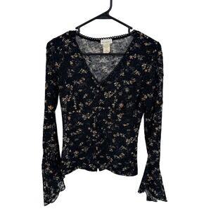 Charlotte Russe Lg Black Floral Lace Bell‎ Sleeve V Neck Babydoll Whimsigoth Vtg